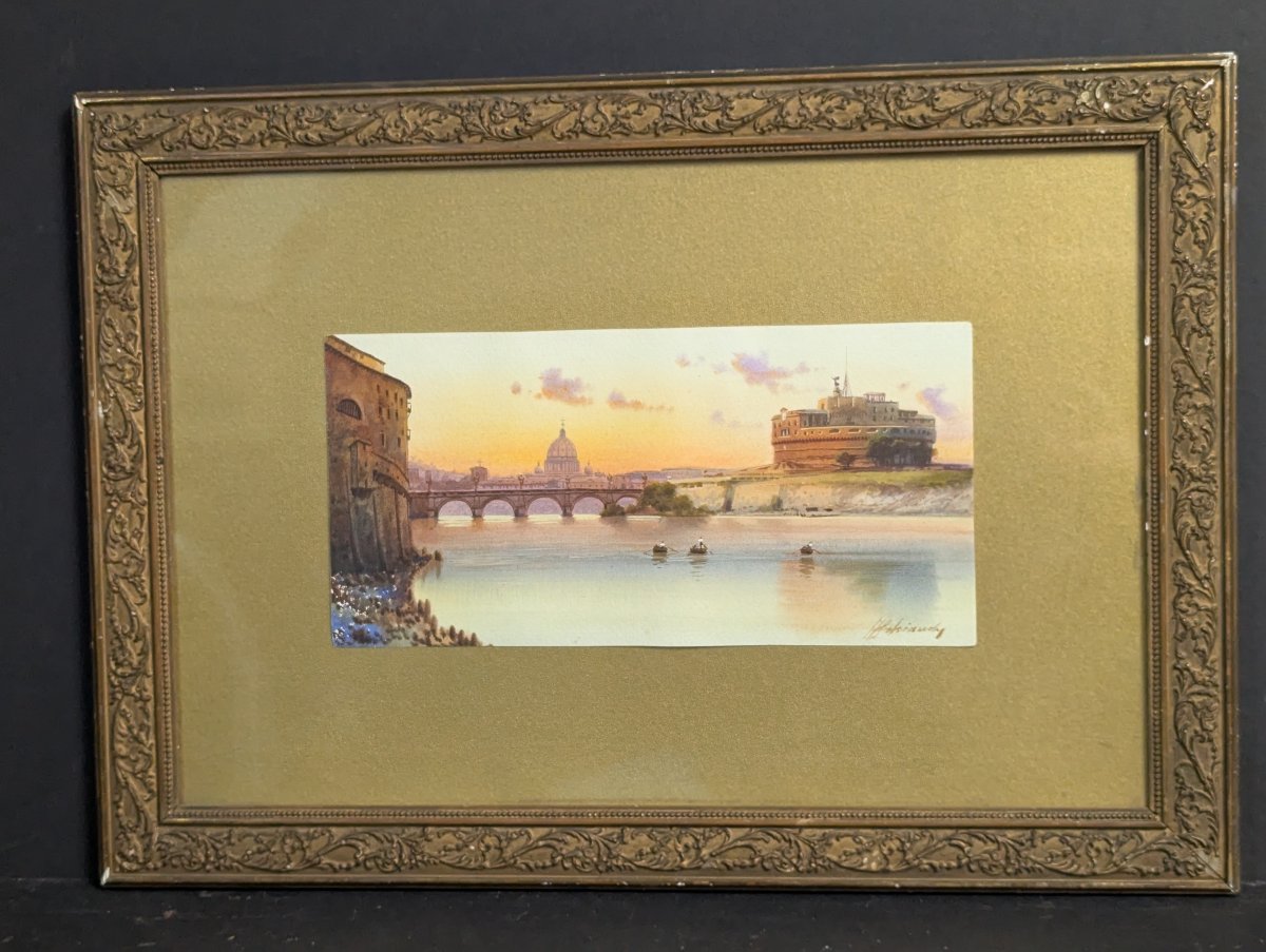 Framed Watercolor by Federico Schianchi of Rome Castle and Basilica