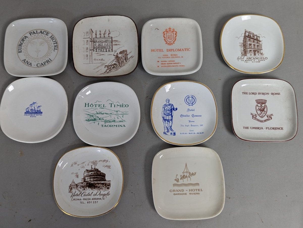 Collectible Lot of 10 Vintage Italian Hotel Ashtrays from the 1950s