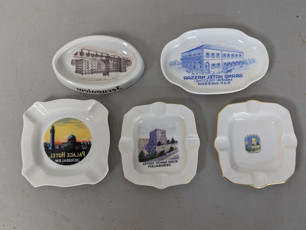 Lot of 5 Vintage Hotel Ashtrays from 1950s Palestine Mandate Jerusalem