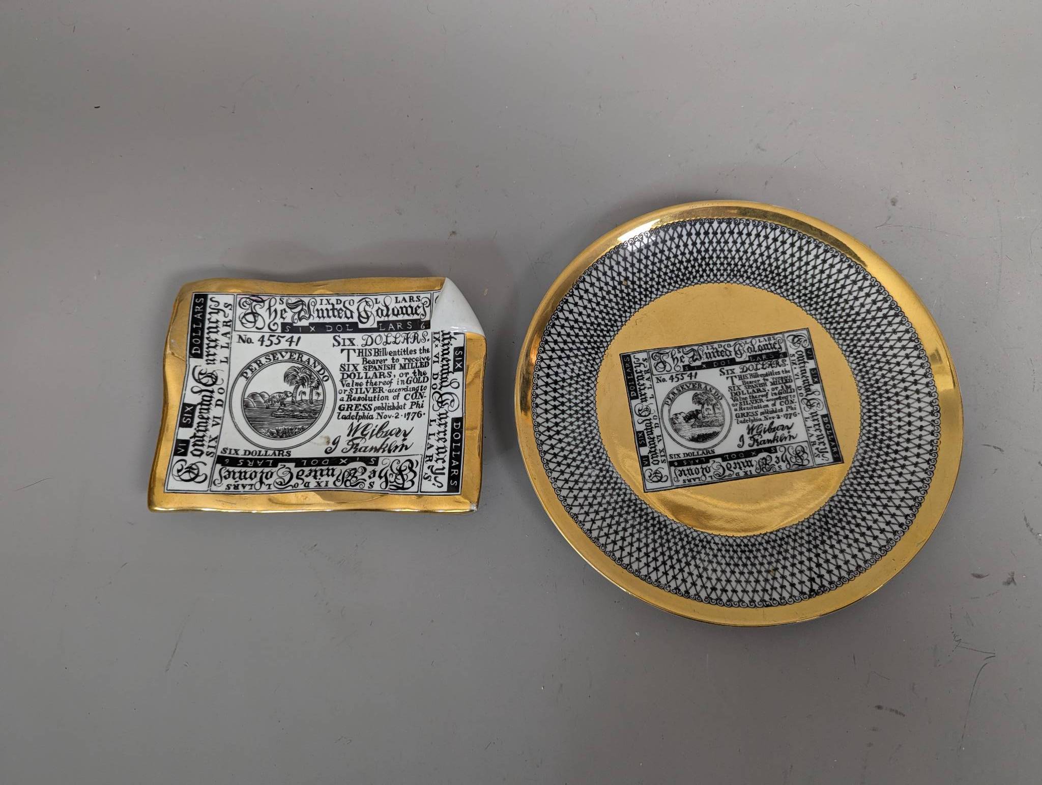 Piero Fornasetti Porcelain Plate &  Ashtray with Continental Currency Design
