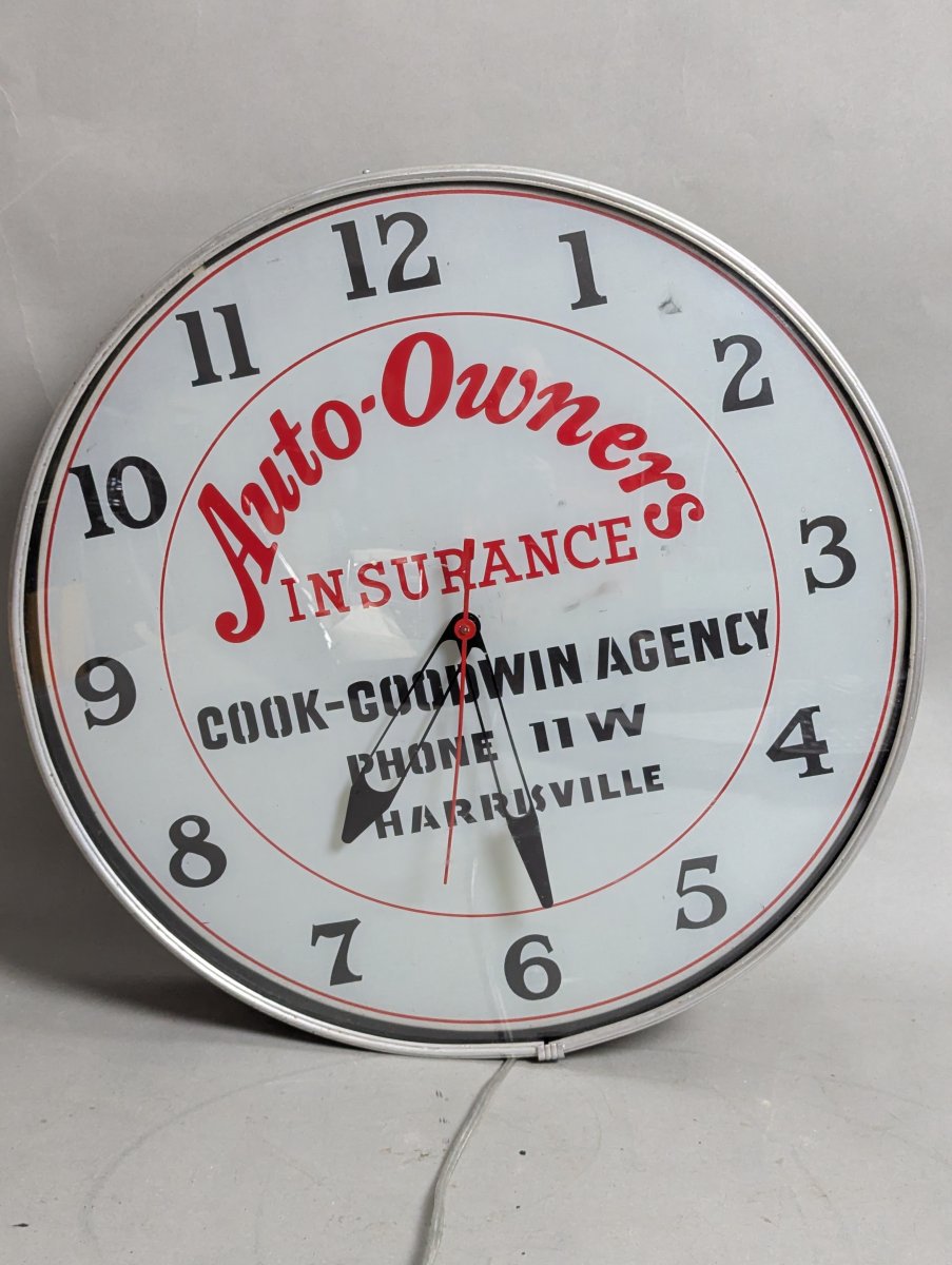Vintage Lackner Light-Up Advertising Clock Auto-Owners Insurance Bubble Glass Front