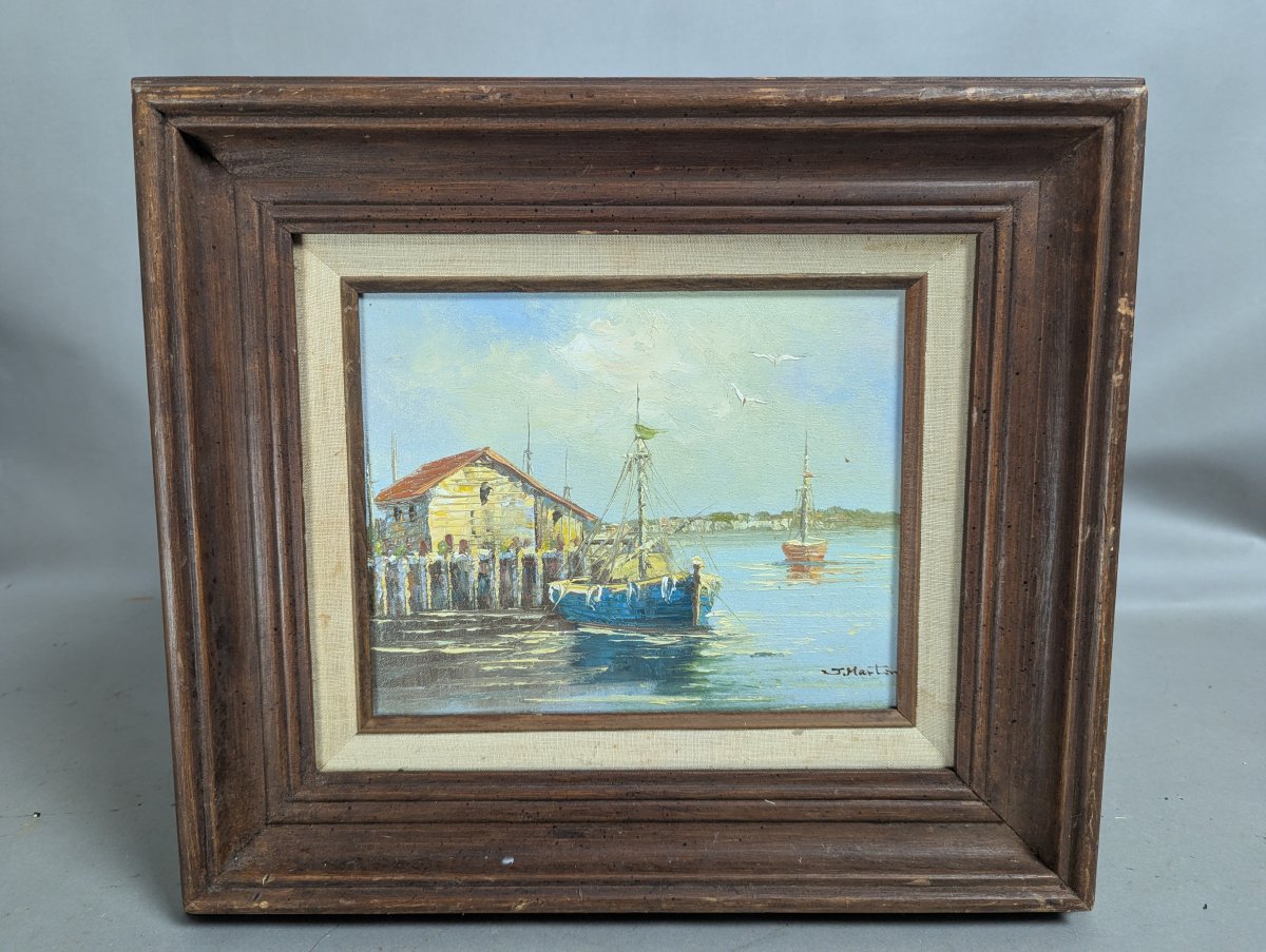 Vintage J. Martin Nautical Oil Painting Framed Coastal Scene 8 x 10 Art Decor