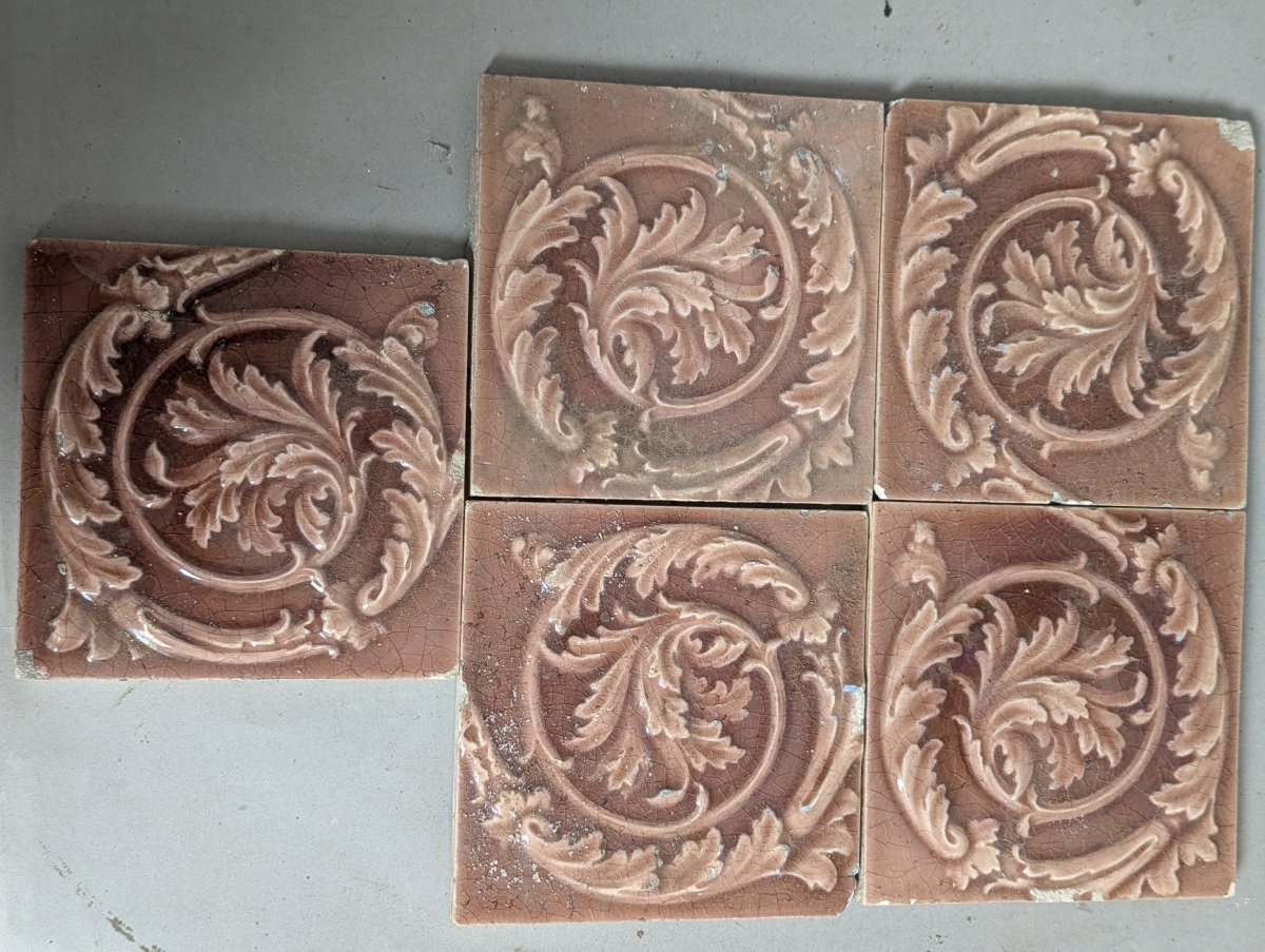 Set of 6 Antique Victorian Art Nouveau Acanthus Leaf Relief Tiles for Restoration
