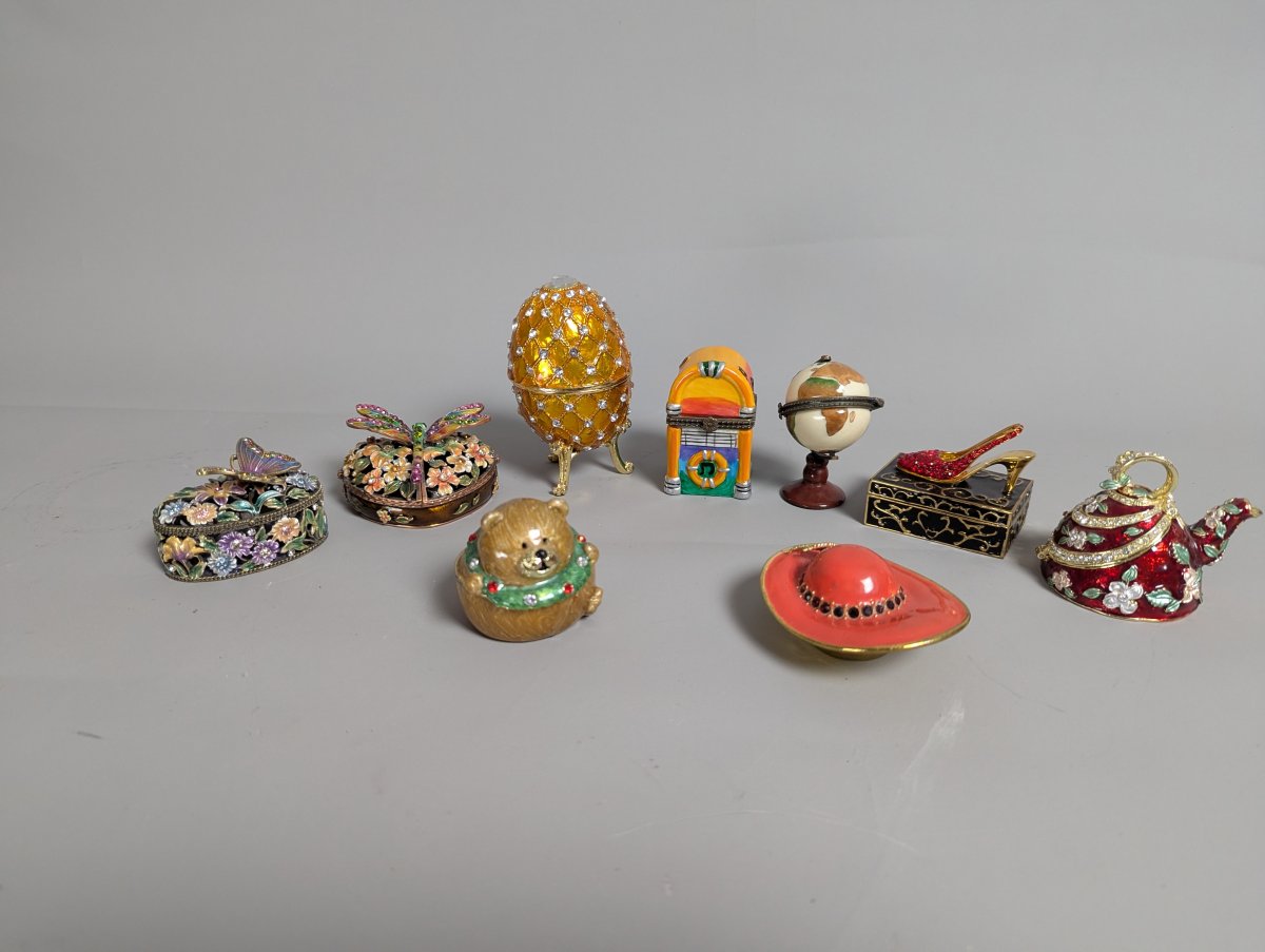 Collection of Decorative Enameled Hinged Trinket Boxes - Nature, Fashion, Holiday Themes