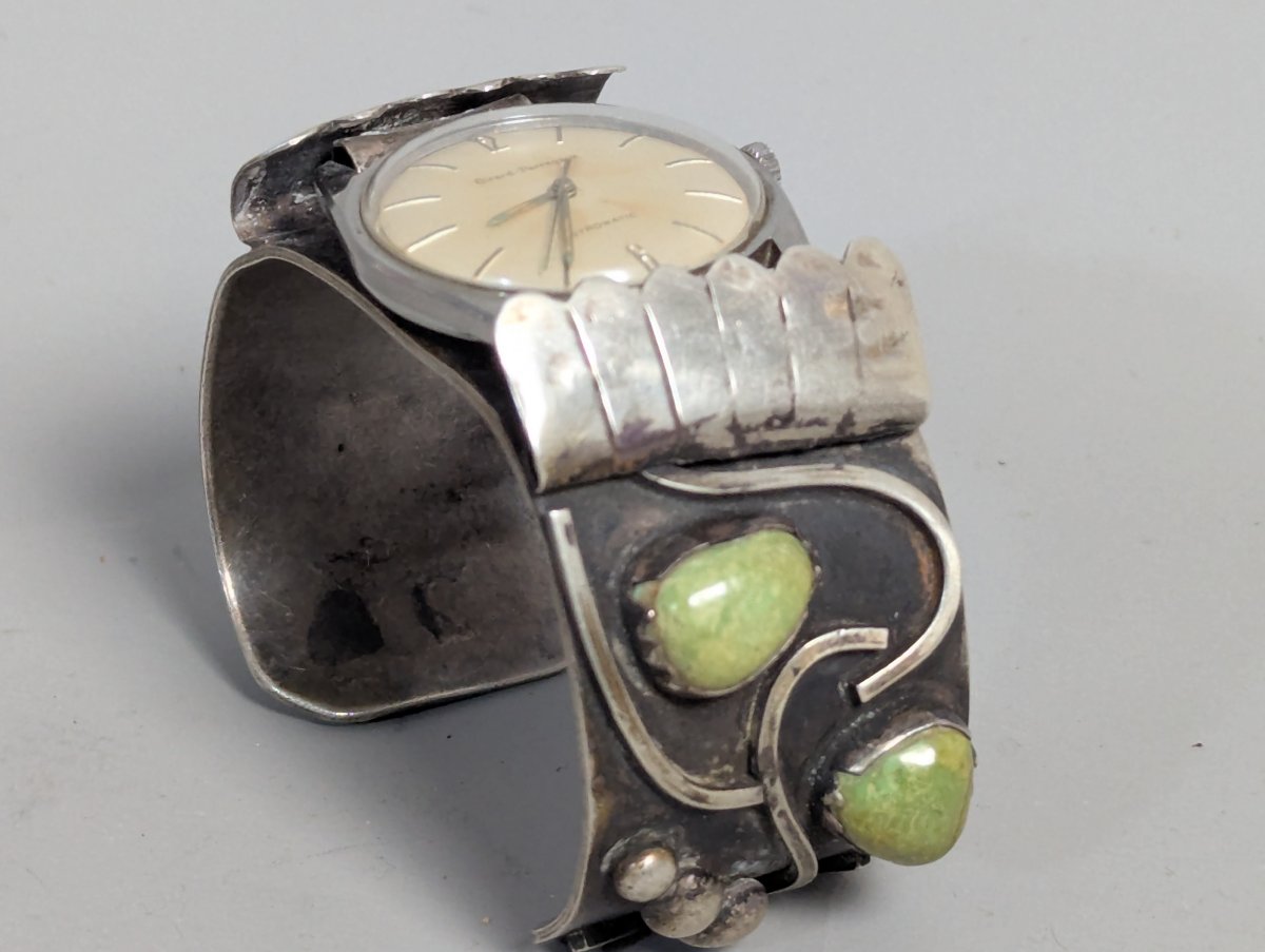 Sterling Silver Turquoise Cuff Unique w/ Girard-Perregaux Gyromatic Watch