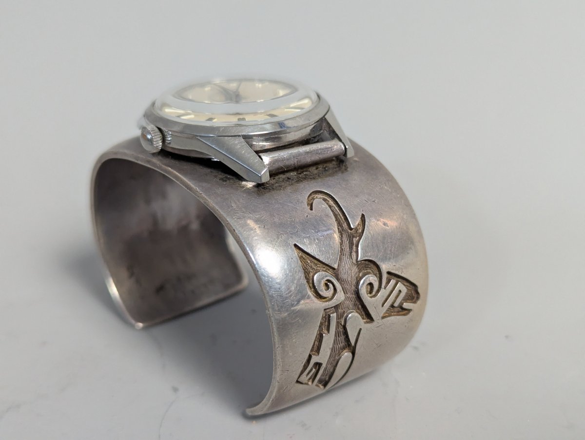 Steven Pooyouma Hopi Silver Overlay Cuff with Waltham Watch Unique Artisan Piece