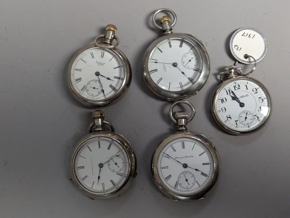Collection of American Antique Pocket Watches Waltham Illinois Hampden Rockford