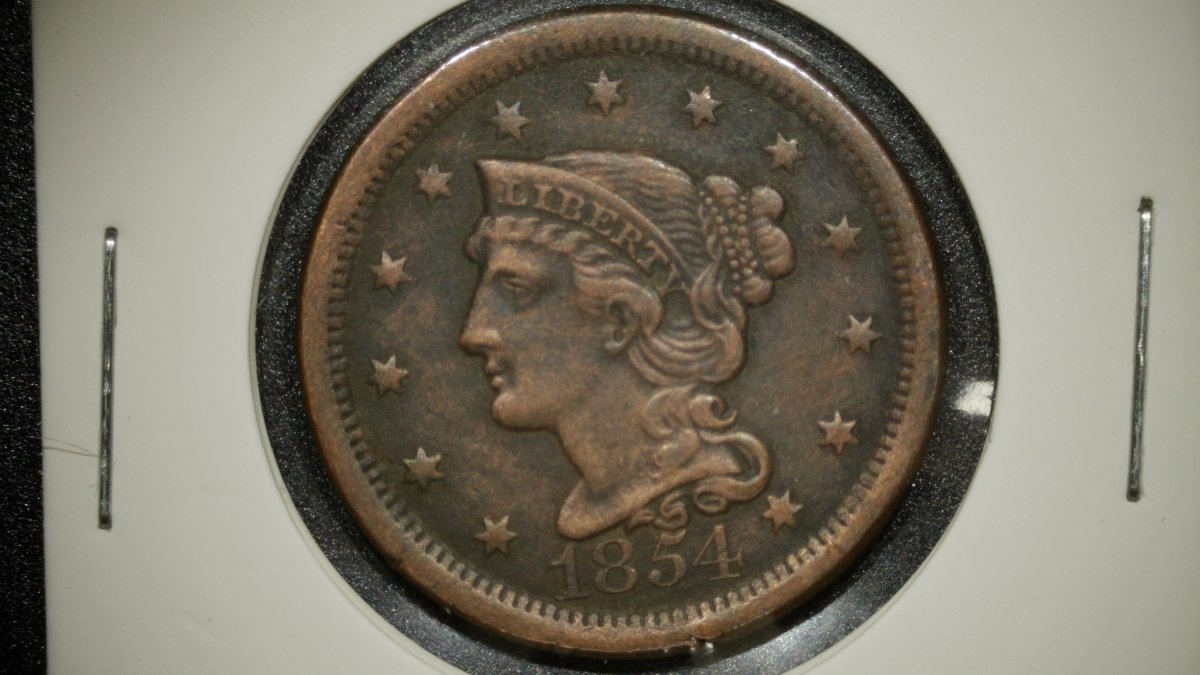 1854 Braided Hair Large Cent Coin by Christian Gobrecht, Very Fine Grade