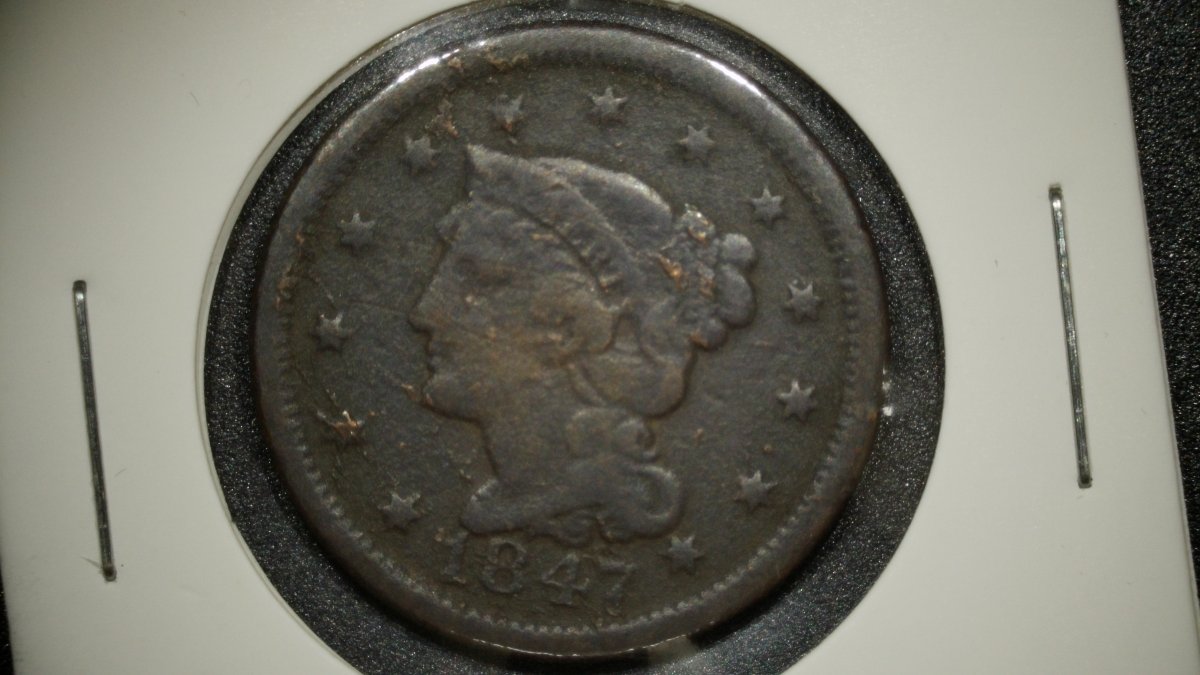 1847 Braided Hair Large Cent V.G. - Christian Gobrecht Design - Collectible Coin