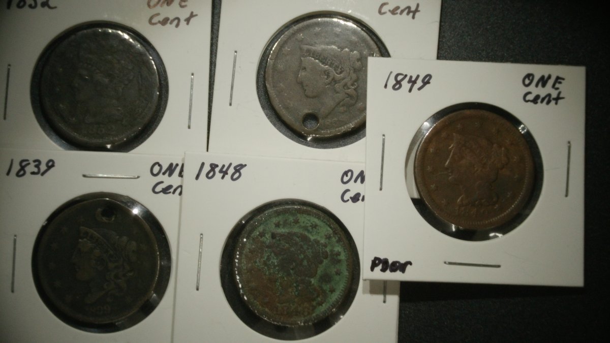 Lot of 5 U.S. Large Cents Coronet Head & Braided Hair by Christian Gobrecht