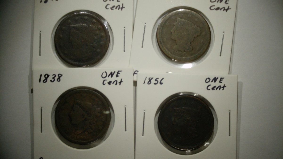 Lot of 4 19th Century US Large Cents 1838 Coronet & 1849 Braided Hair Christian Gobrecht