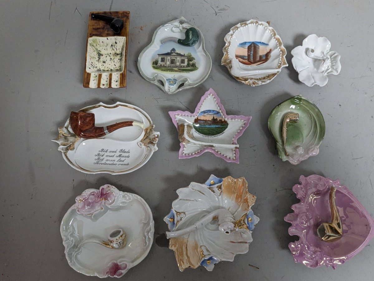 Vintage Ceramic and Porcelain Decorative Dishes Pipe Ashtrays Collection 10 Pieces
