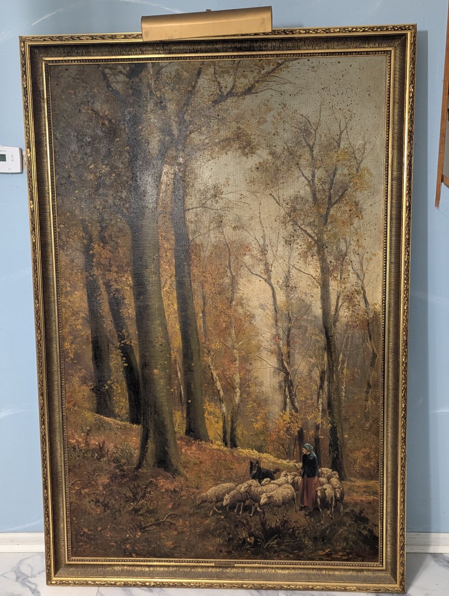 Lajos Karpathy Hungarian Oil Painting Shepherdess with Flock Pastoral Scene