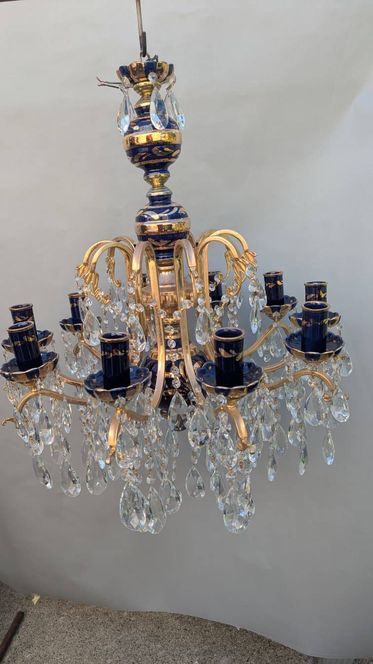 Turkish Cobalt Blue Pottery Chandelier with Brass and Crystal Prisms