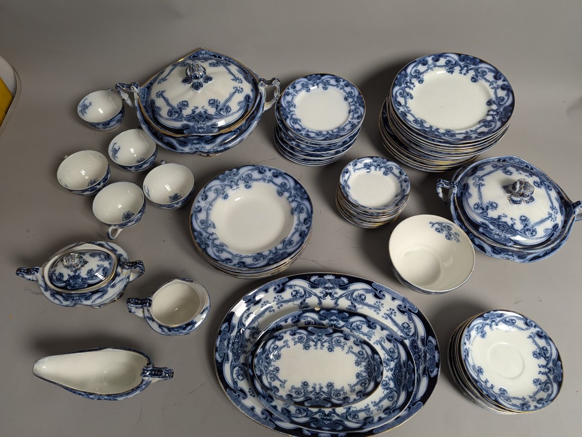 Large Lot of Royal Staffordshire Iris Flow Blue Antique Dinnerware Set