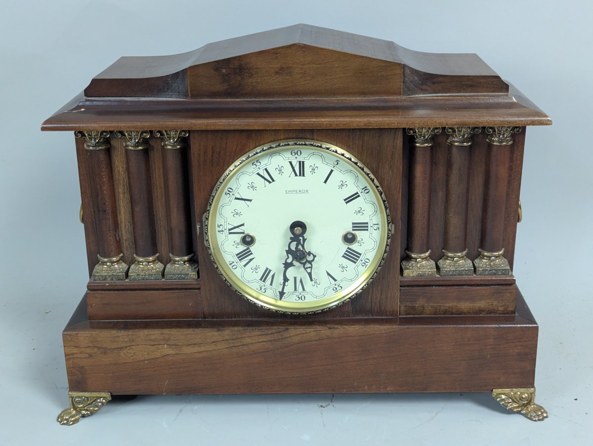 Emperor Neoclassical Mantel Clock with Key and Pendulum in Working Order
