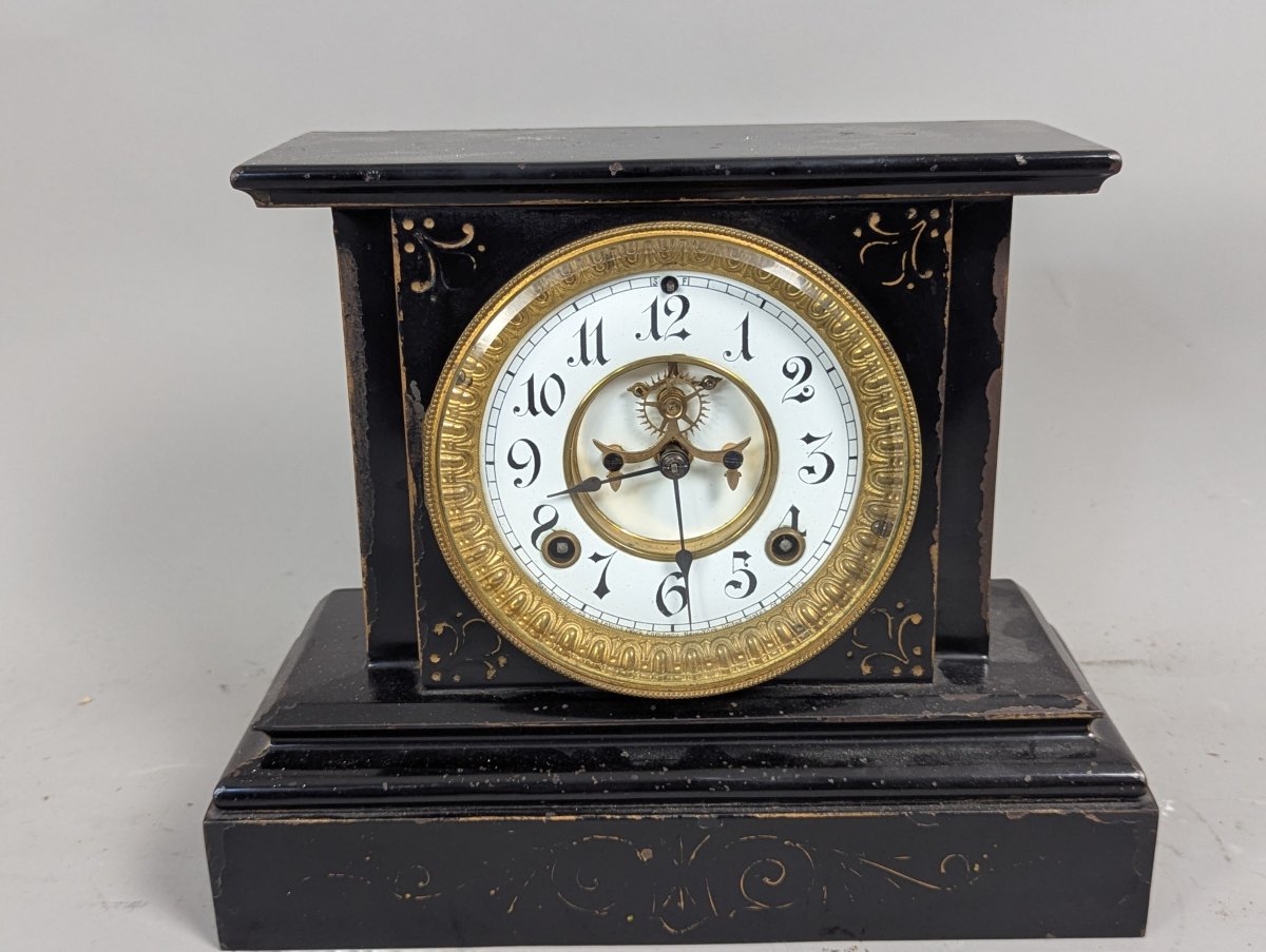 Ansonia Black Metal Mantel Clock with Key and Pendulum - Working Condition