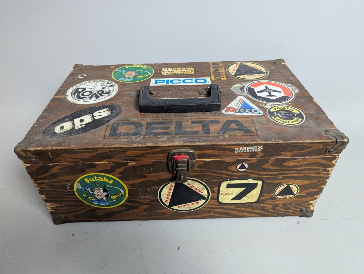 Vintage Wooden Slot Car Hobby Case with Stickers and Classic Pit Box Style