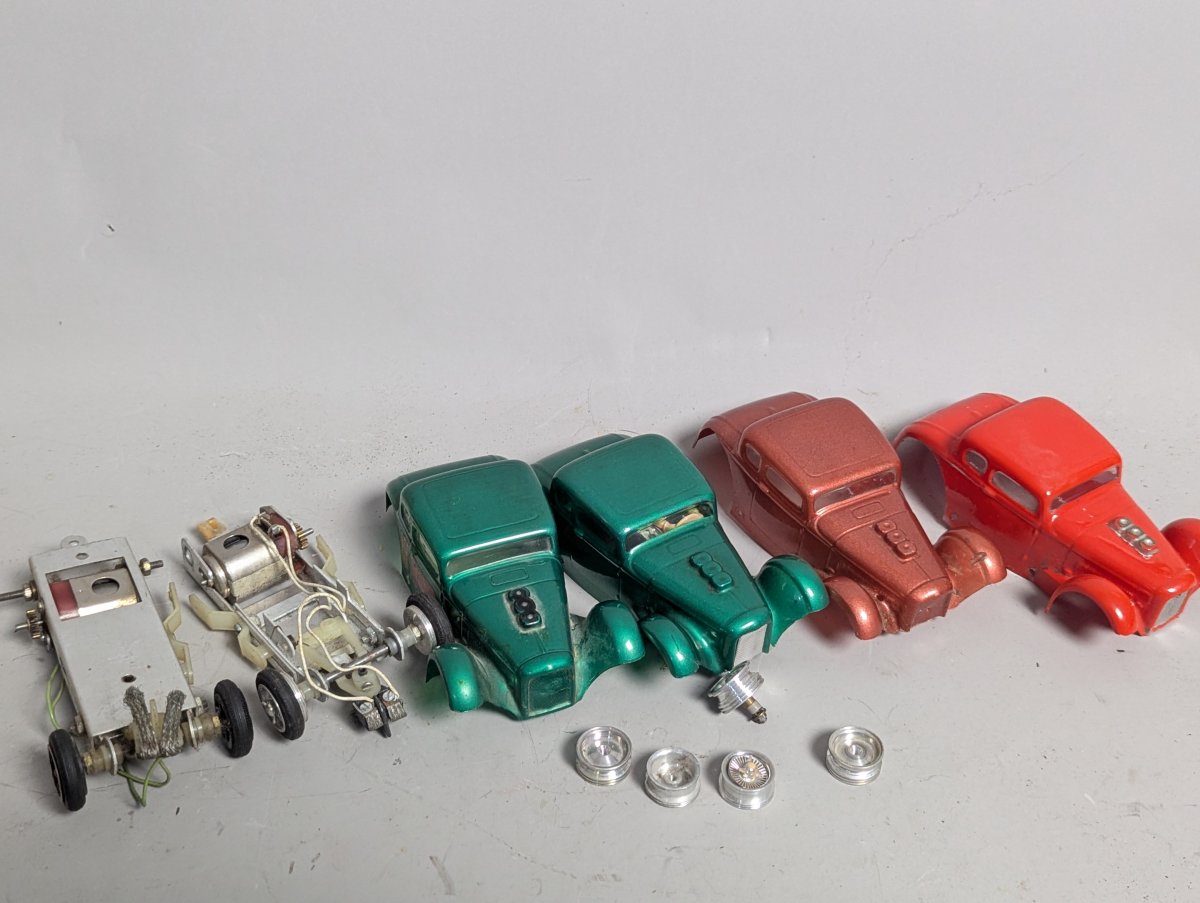 Vintage 1960s Slot Car Parts Lot - 1930s Ford Coupe Bodies, Chassis, Wheels Collection