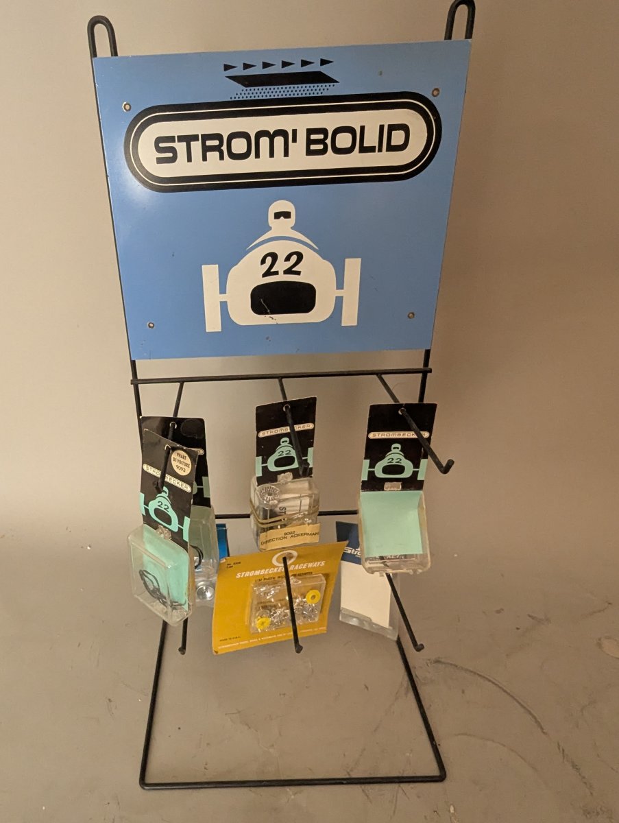 Vintage Strom'Bolid Slot Car Parts Display Rack with NOS Parts by Strombecker
