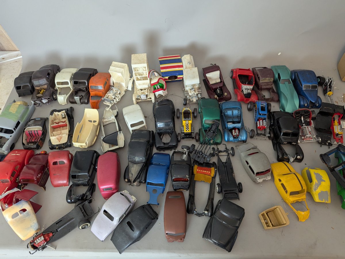 Large Lot of Vintage Model Car Parts Chassis Bodies Assortment for Restoration & Custom Builds