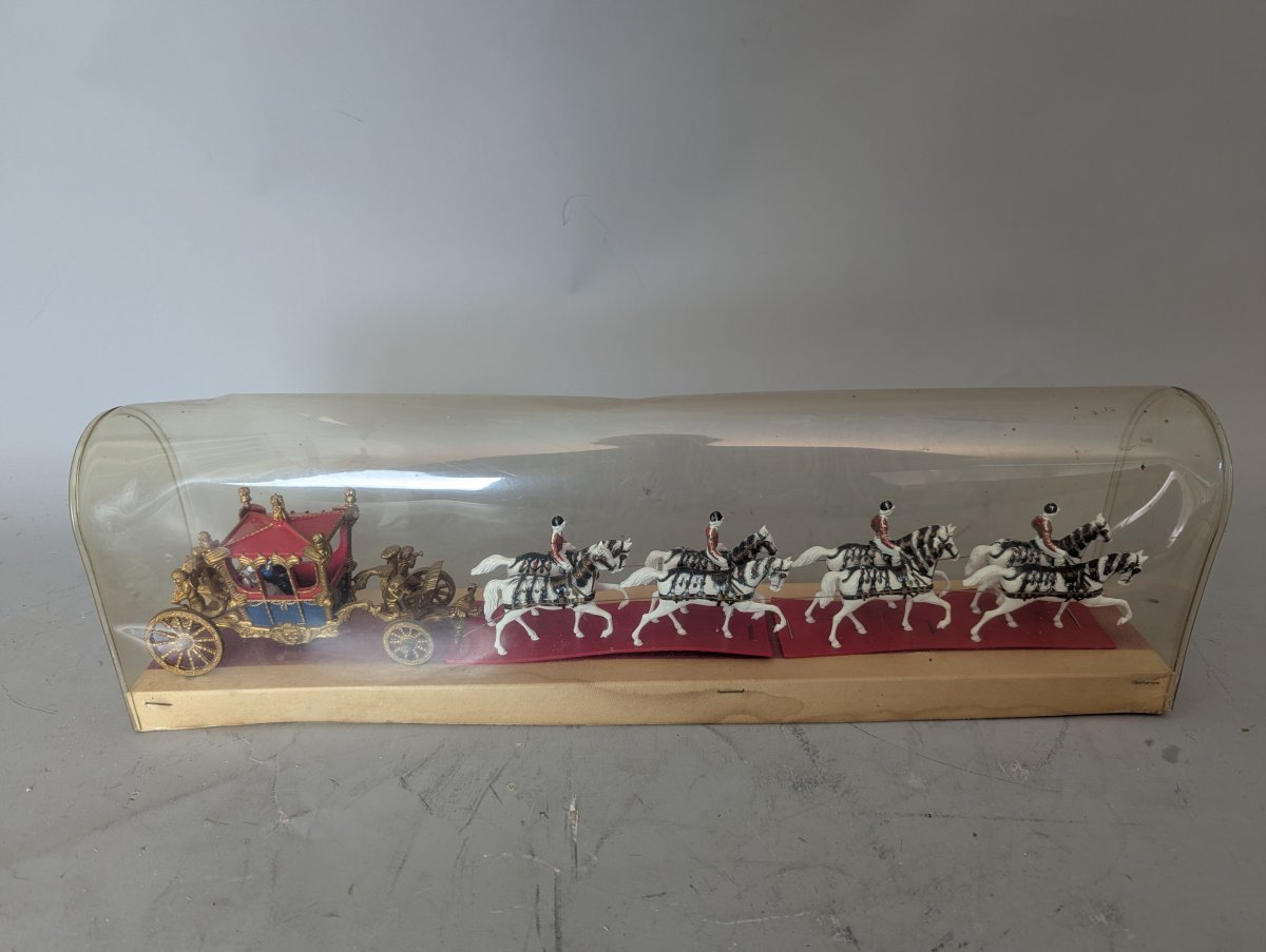 Vintage Miniature British Gold State Coach Diorama with Horses and Display Case