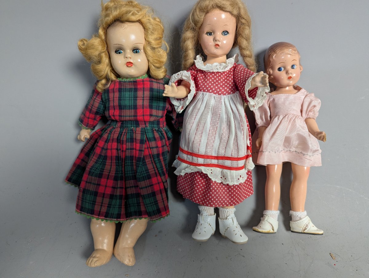 Vintage Composition Dolls Collection Effanbee Plaid Polka Dot Pink Dress Antique
