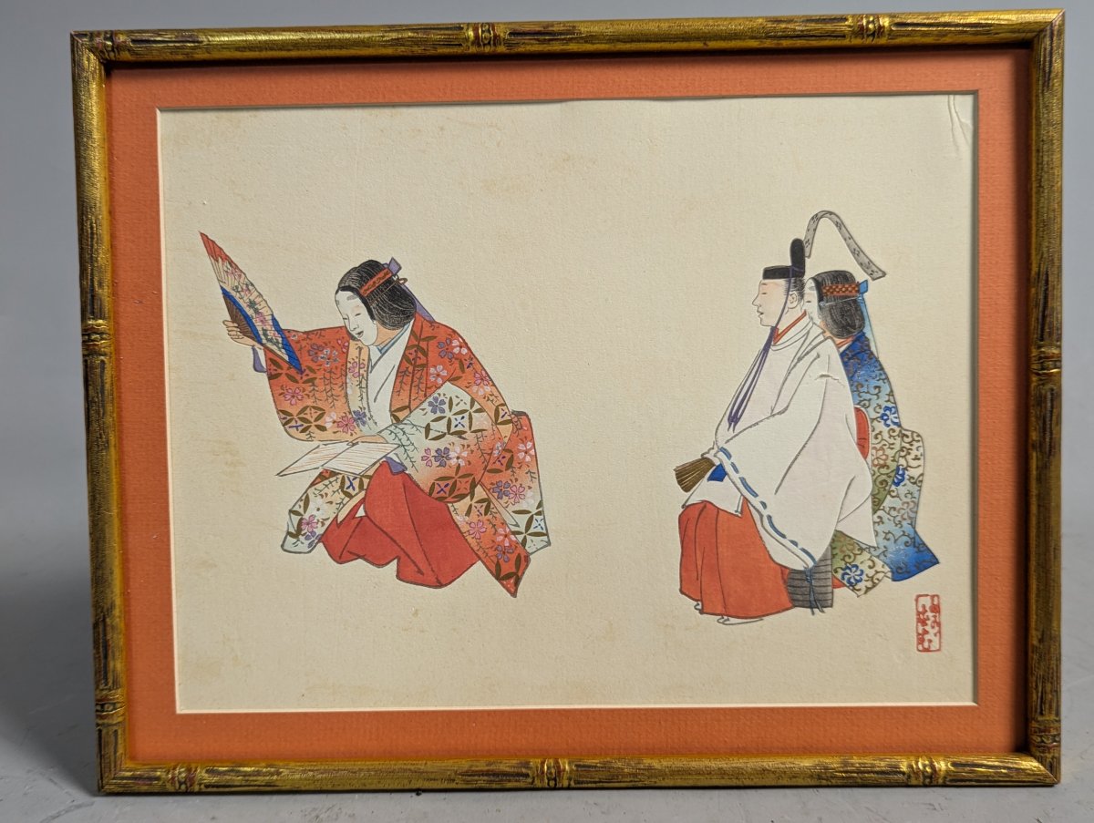 Tsukioka Kogyo Japanese Woodblock Print of Noh Drama Scene with Artist Biography