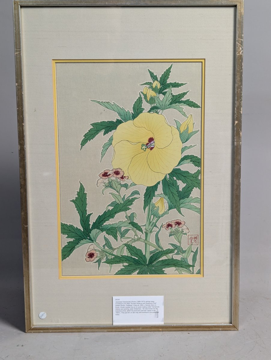 Kawarazaki Shodo Japanese Woodblock Print Sunset Hibiscus and Seashore Pink