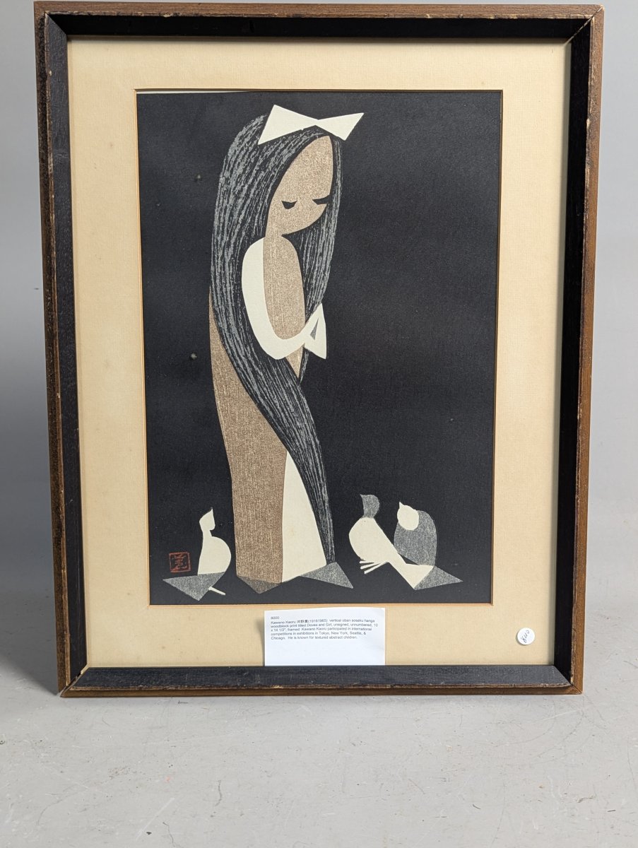 Kawano Kaoru Doves and Girl Japanese Woodblock Print
