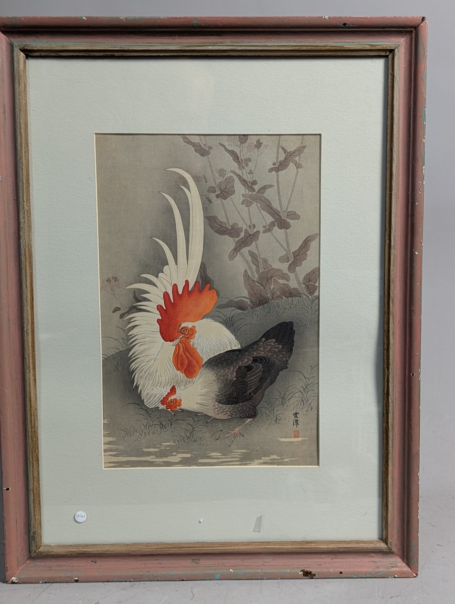 Unkyo Kumosawa Japanese Woodblock Print of Rooster and Hen