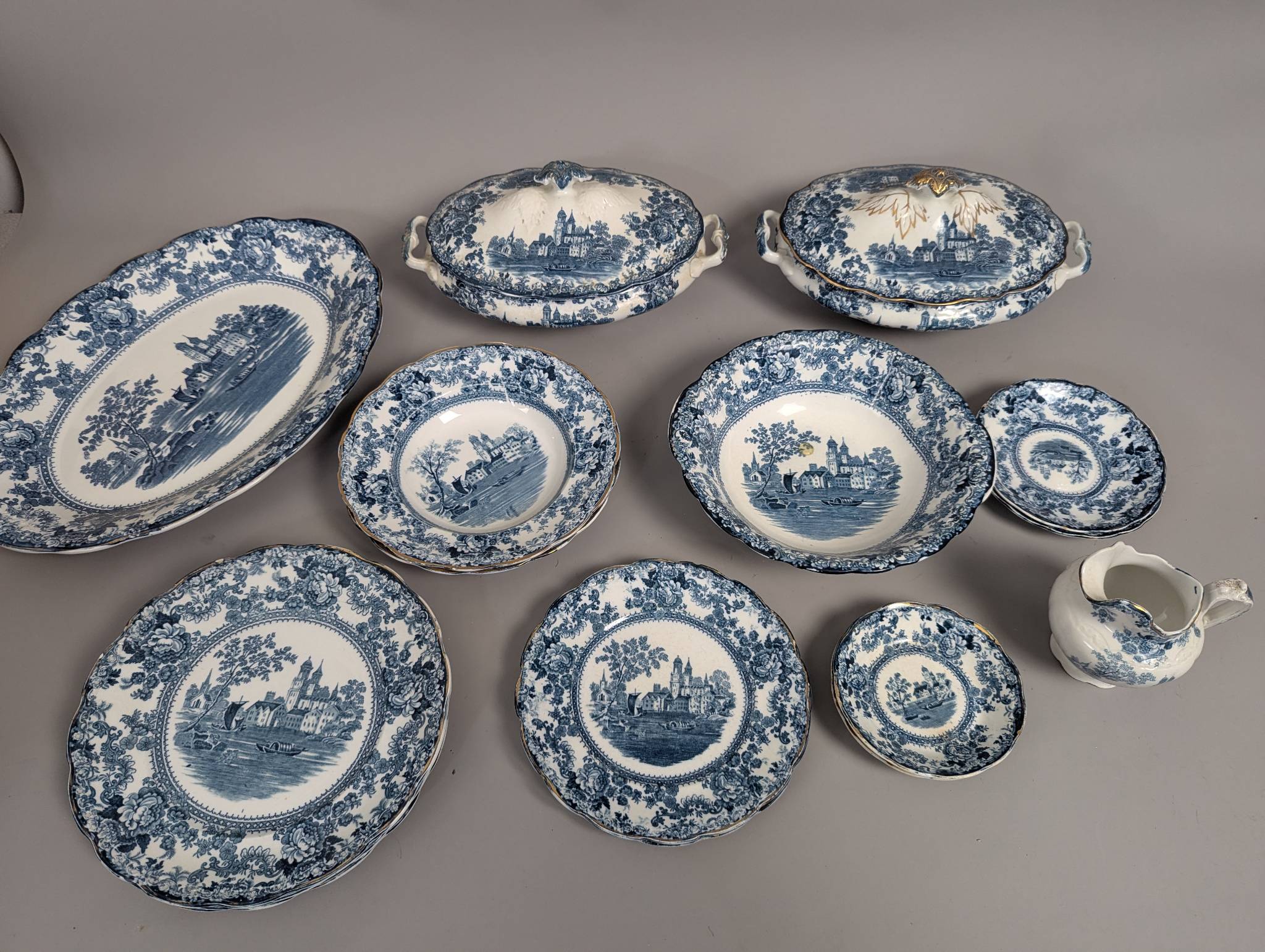 Antique Victorian Colonial Pottery Togo Flow Blue Dish Set