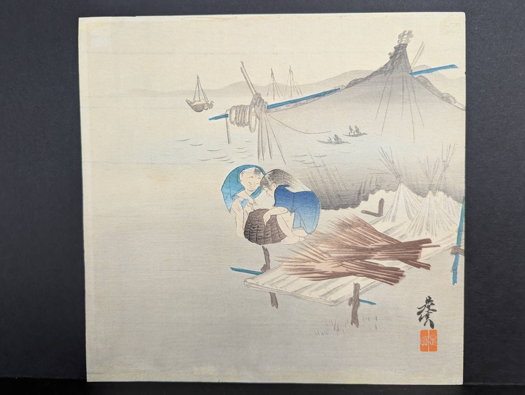 Japanese Woodblock Print Depicting Fishing Village Boys by Shibata Zeshin