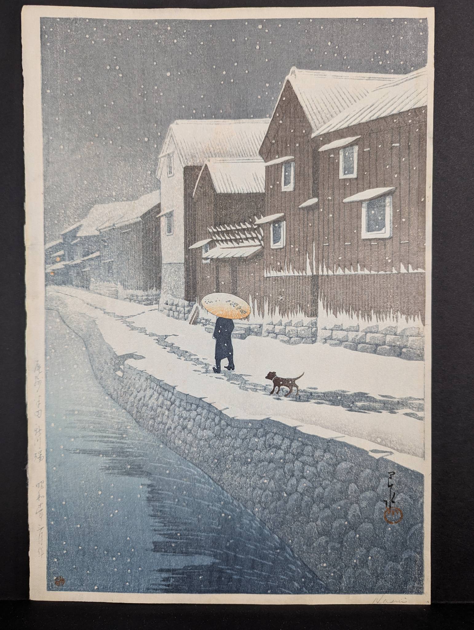 Japanese Woodblock Print by Kawase Hasui Depicting Riverside Landscape 
