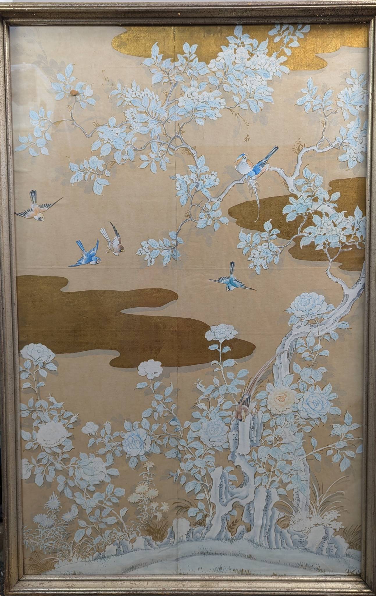 Chinese Watercolor in Chinoiserie Style with Birds and Flowers HUGE