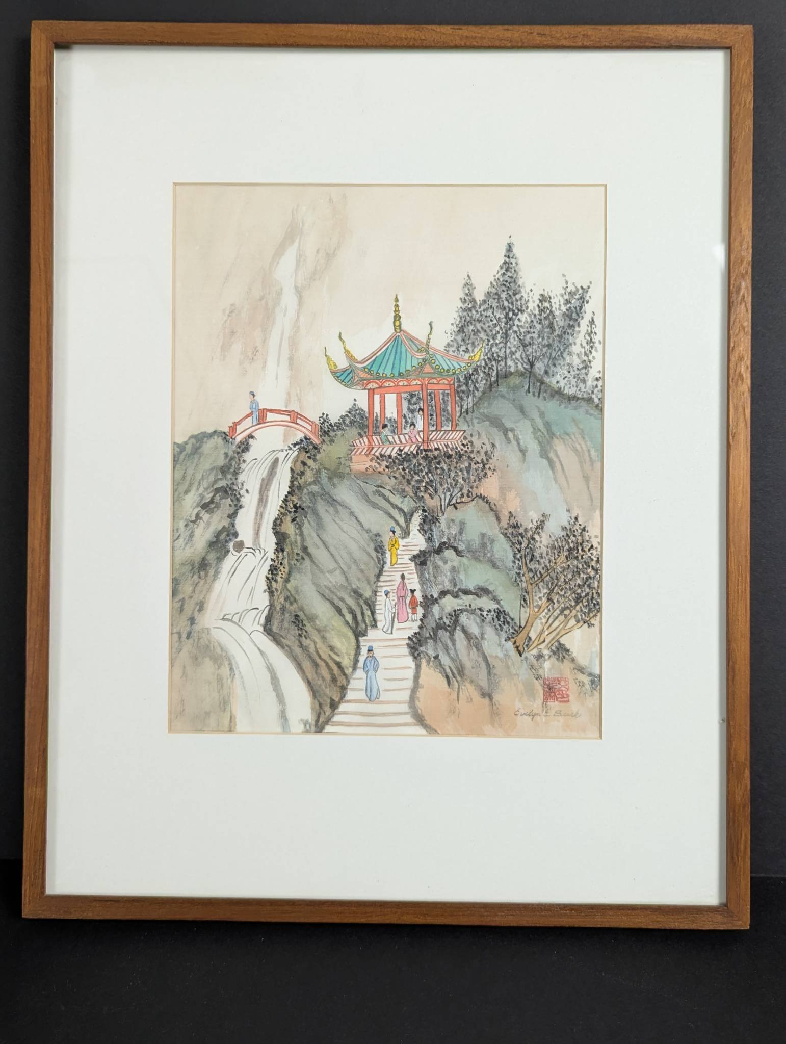 Chinese Watercolor Landscape Signed Evelyn E Burk