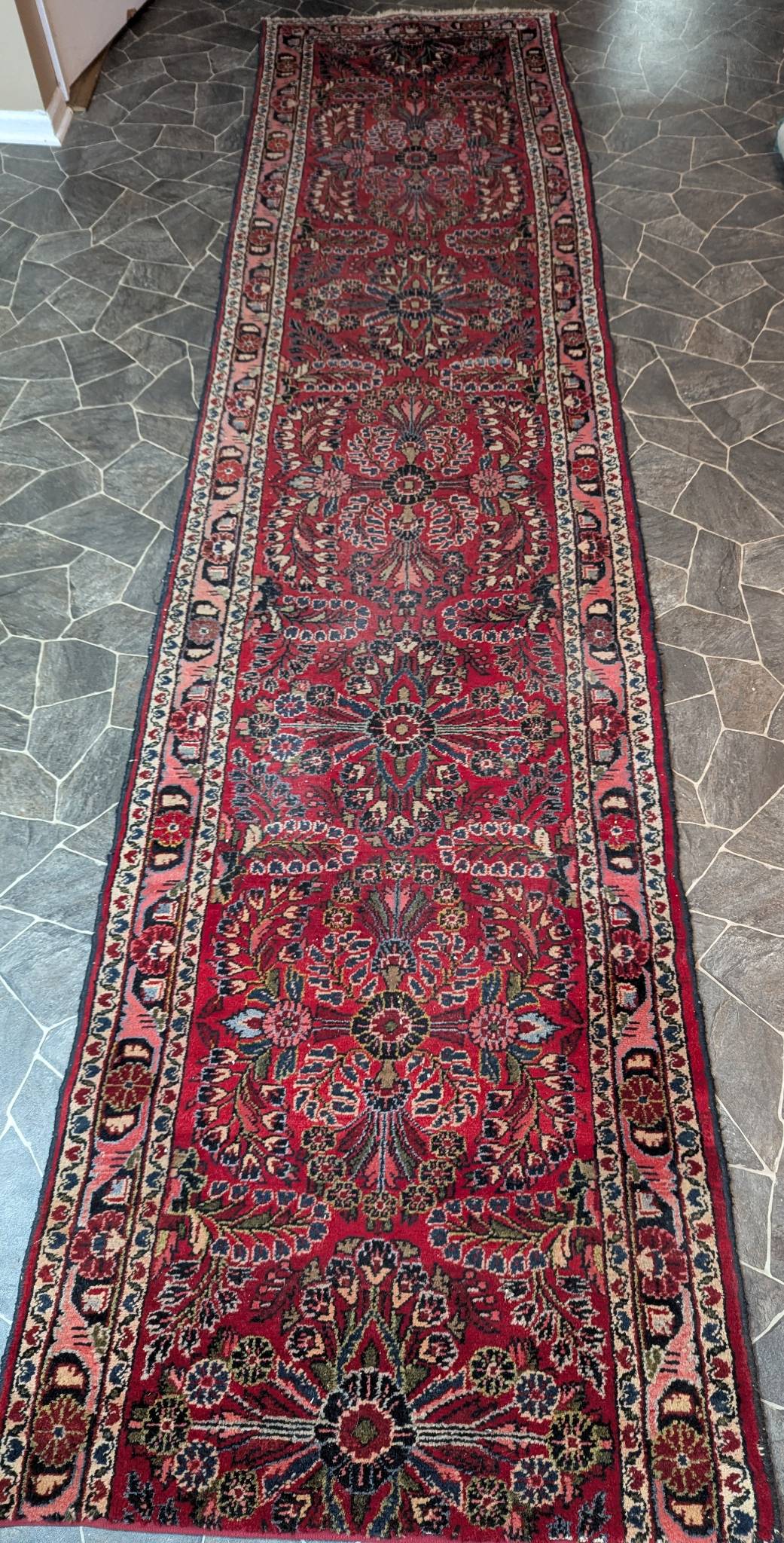 Red Persian Runner Rug with Floral Pattern Hamadan