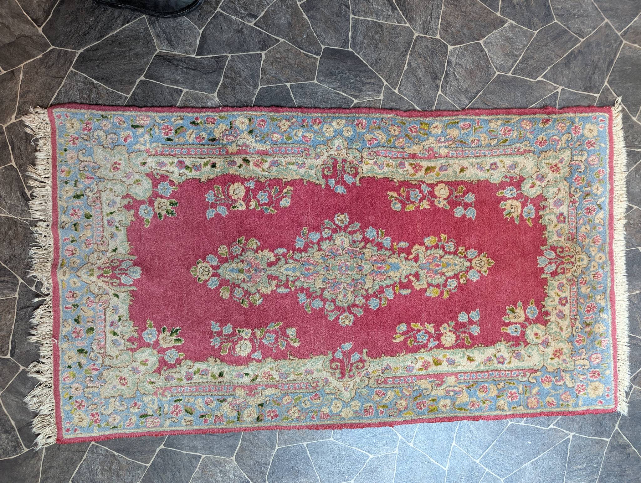 Antique Persian Kerman Lavar Wool Rug with Floral Medallion Design