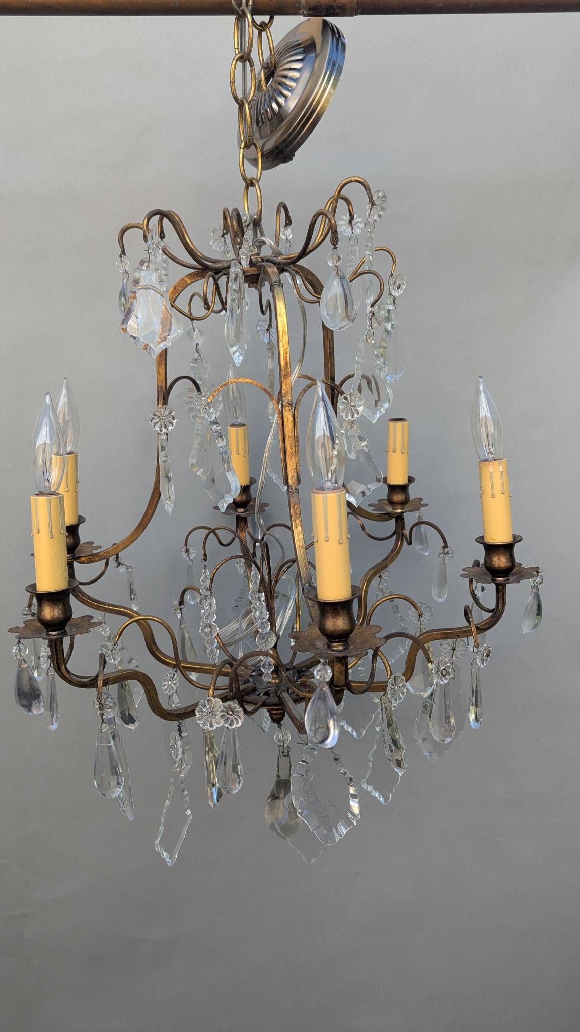 French Gilded Chandelier with Crystal Drops in Working Condition