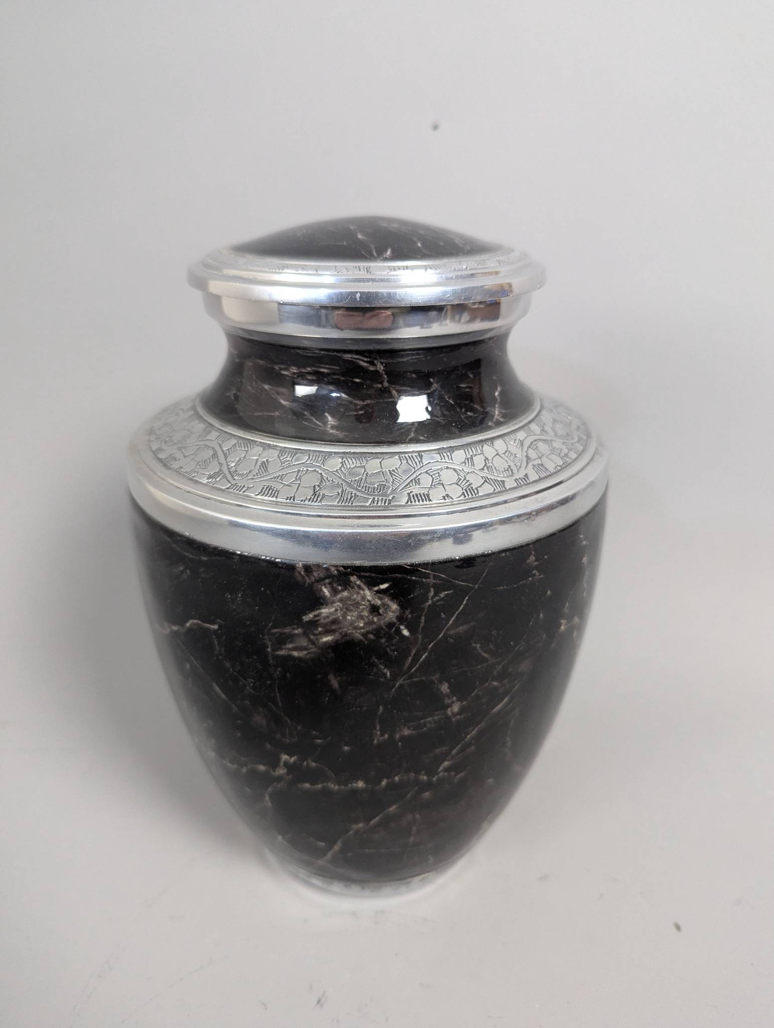 Marble Elegance Black Cremation Urn with Hand Engraved Silver Bands