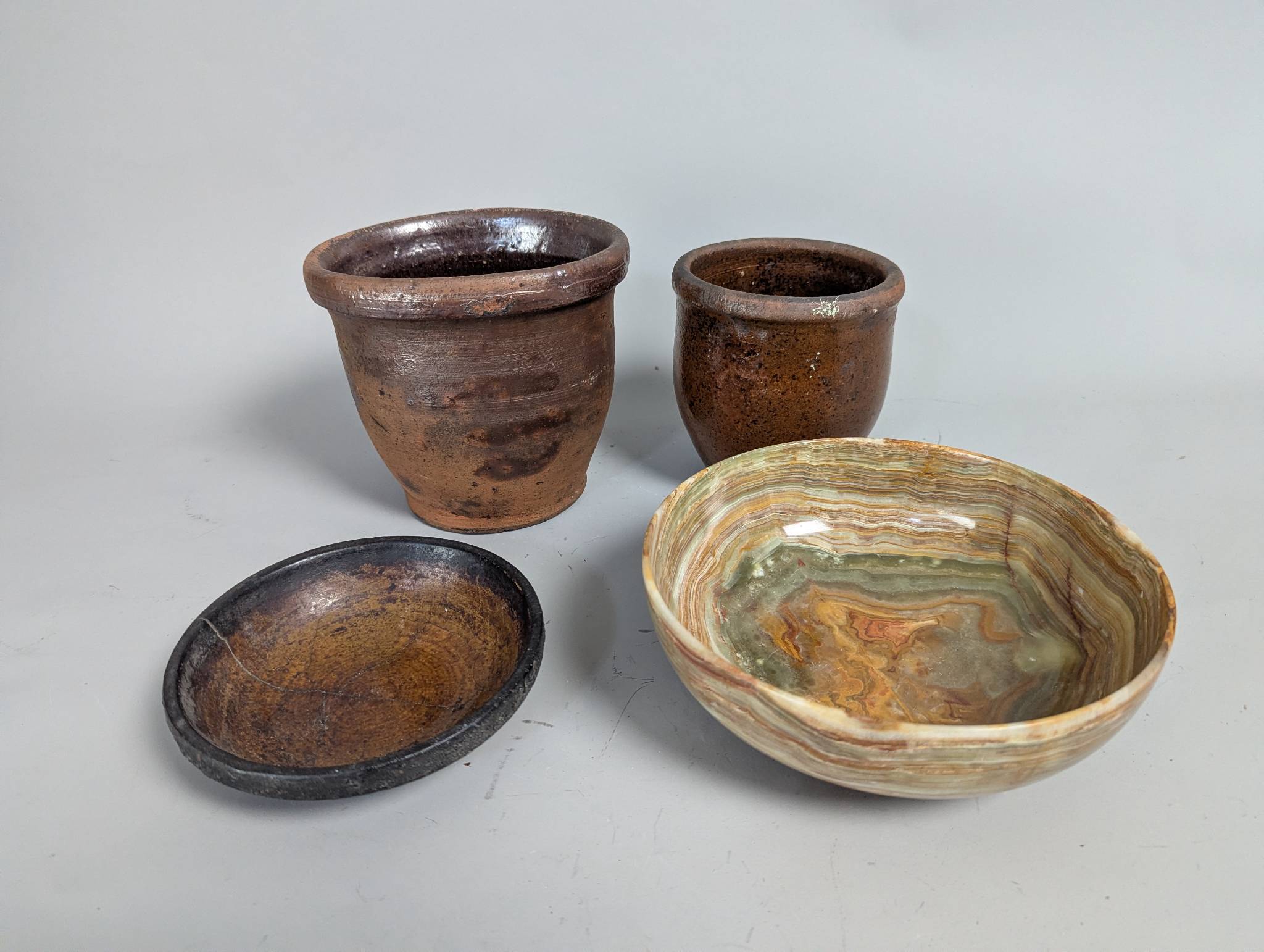 Four Vintage Brown Pottery and Polished Stone Vase and Bowls