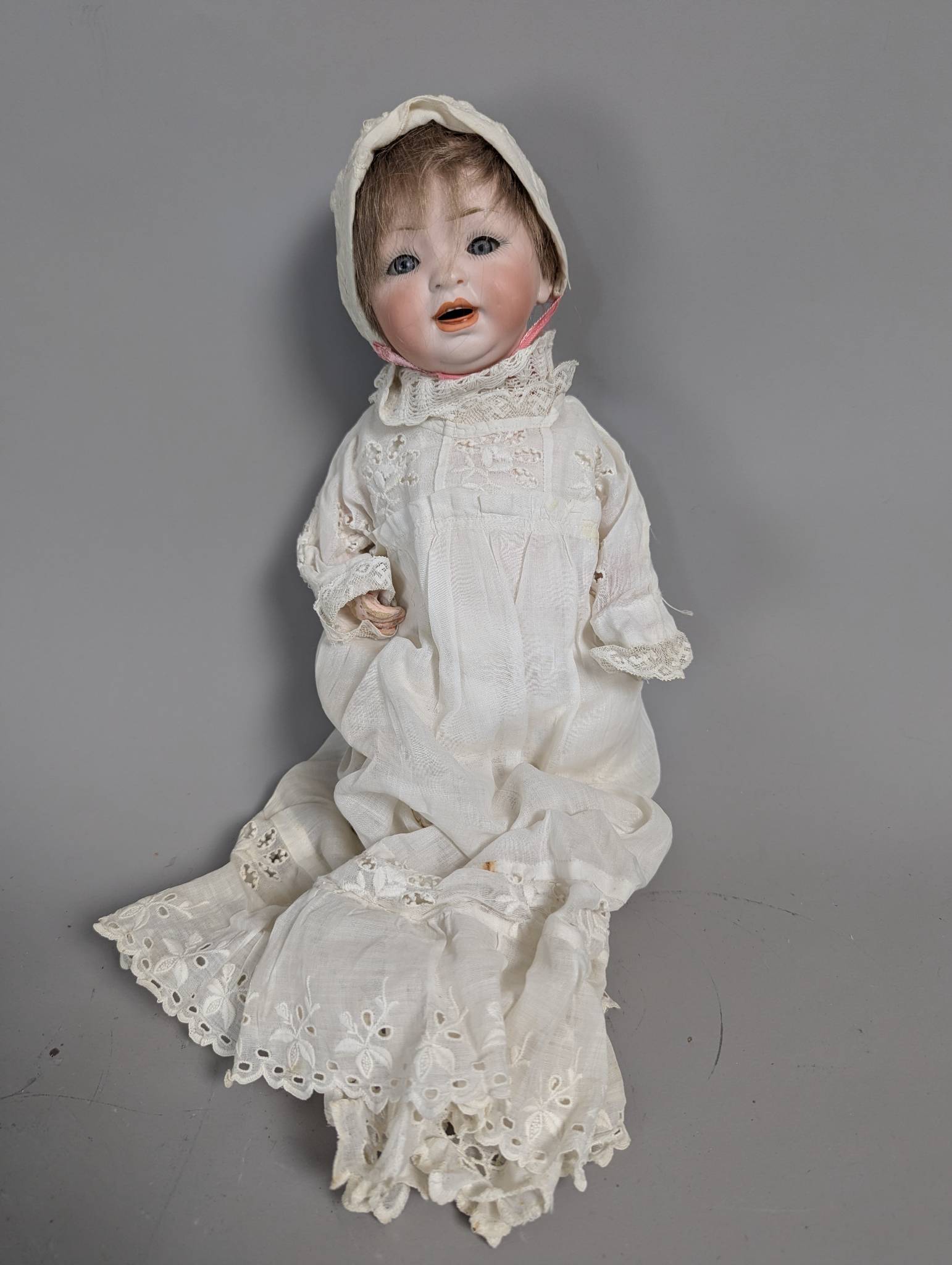 German Hertel Schwab and Co 152 Bisque Character Baby Doll in Antique Gown