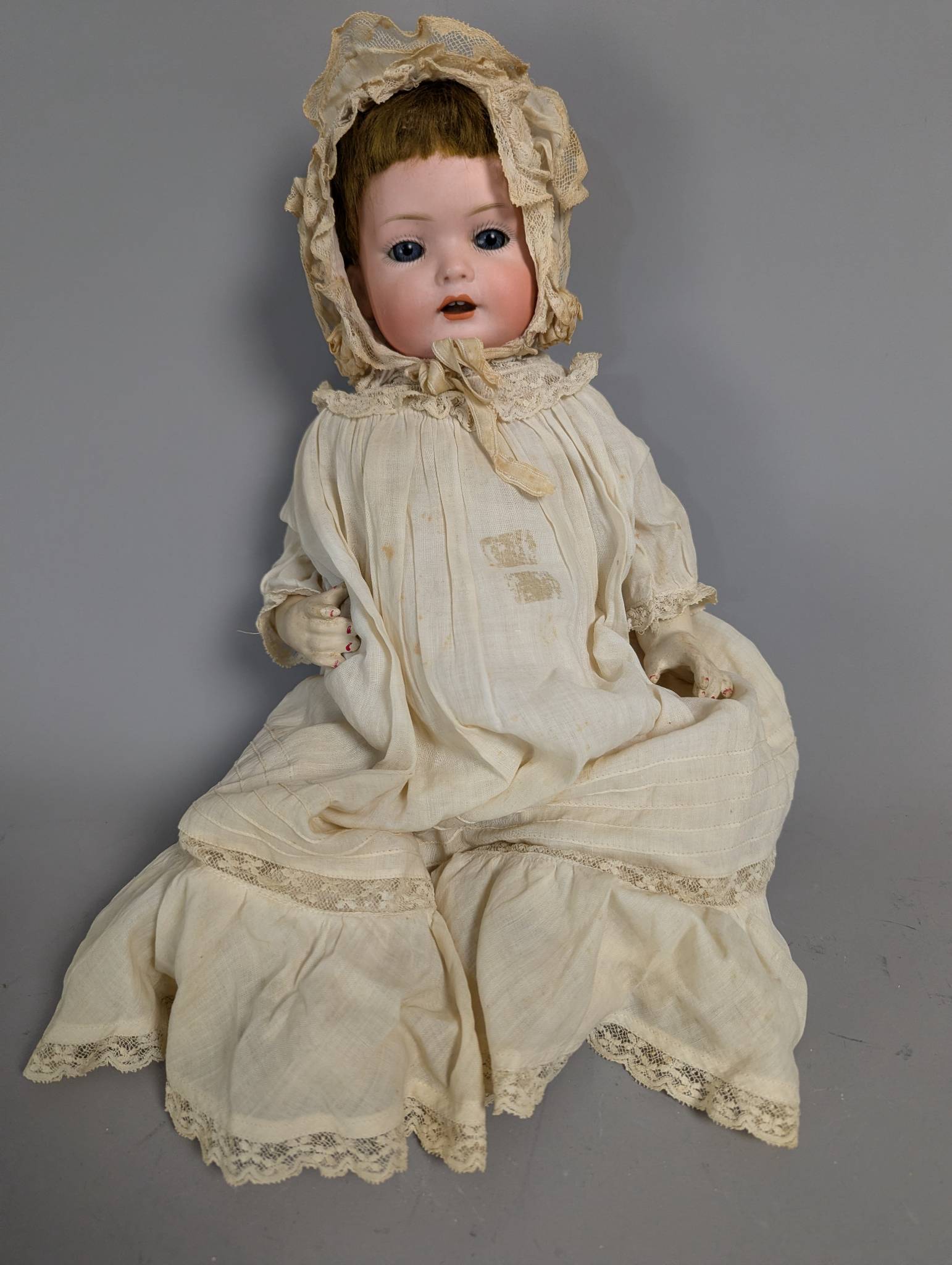 Bergmann and Co German Bisque Head Baby Doll in Lace Dress