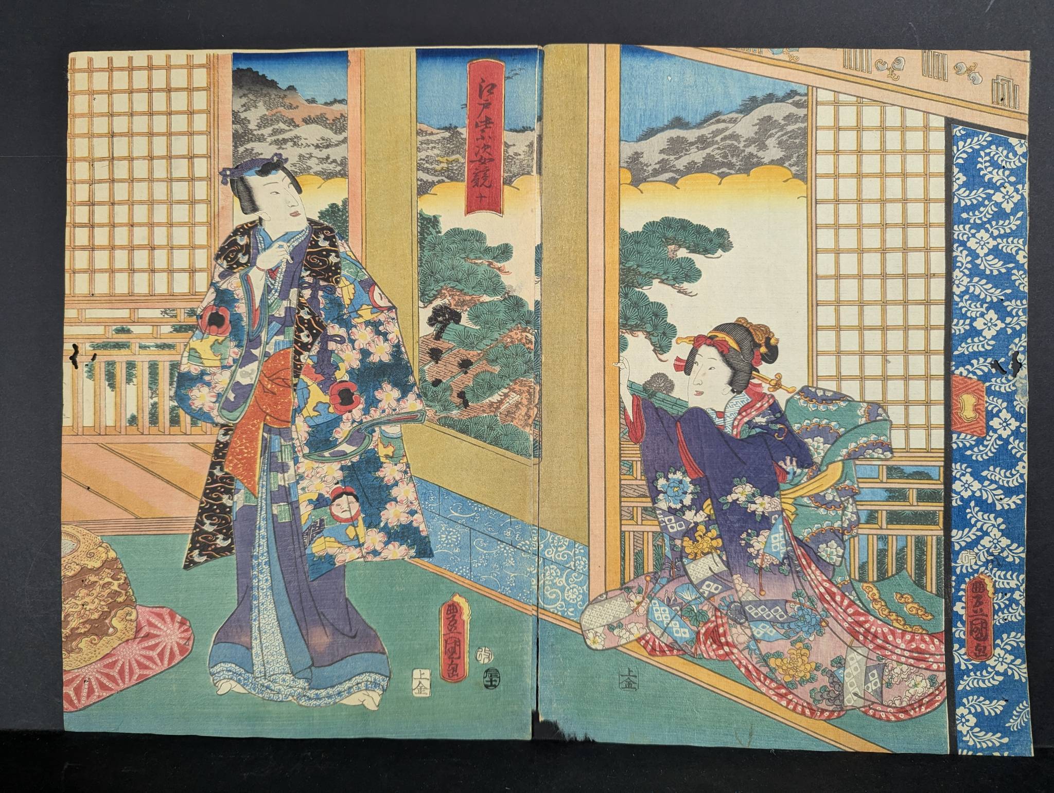 Original 19th Century Japanese Woodblock Print by Toyokuni III Diptych