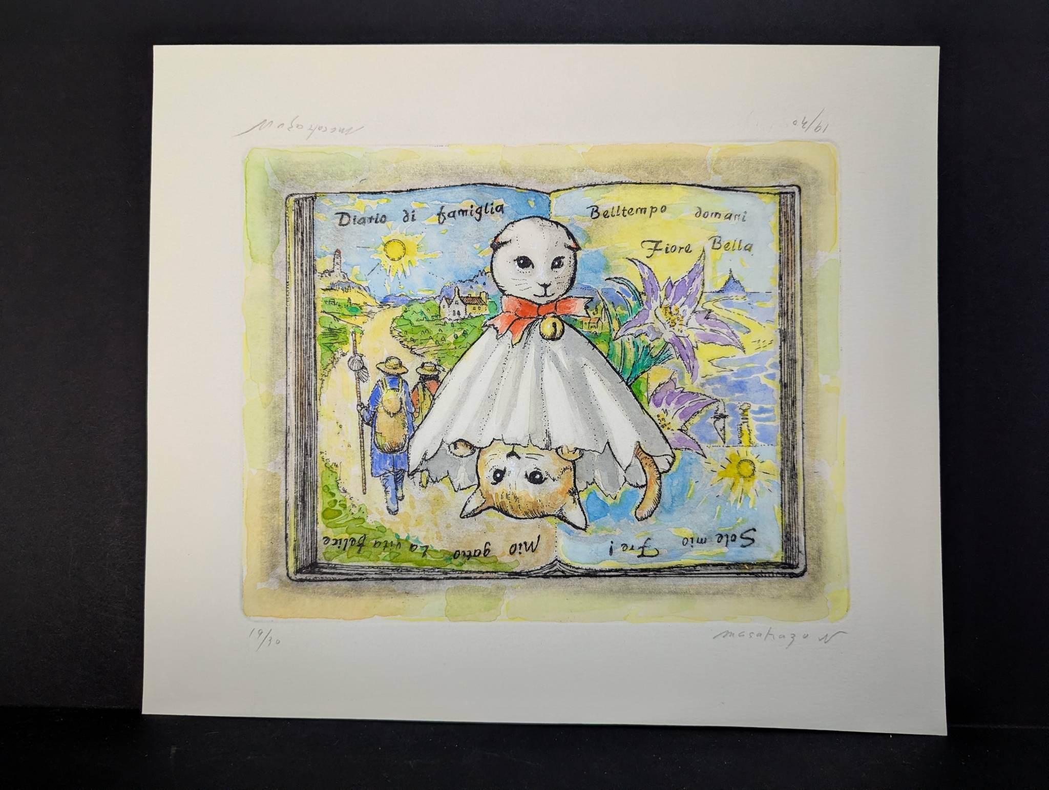 Etching Featuring Whimsical Cat Illustrations with Italian Text