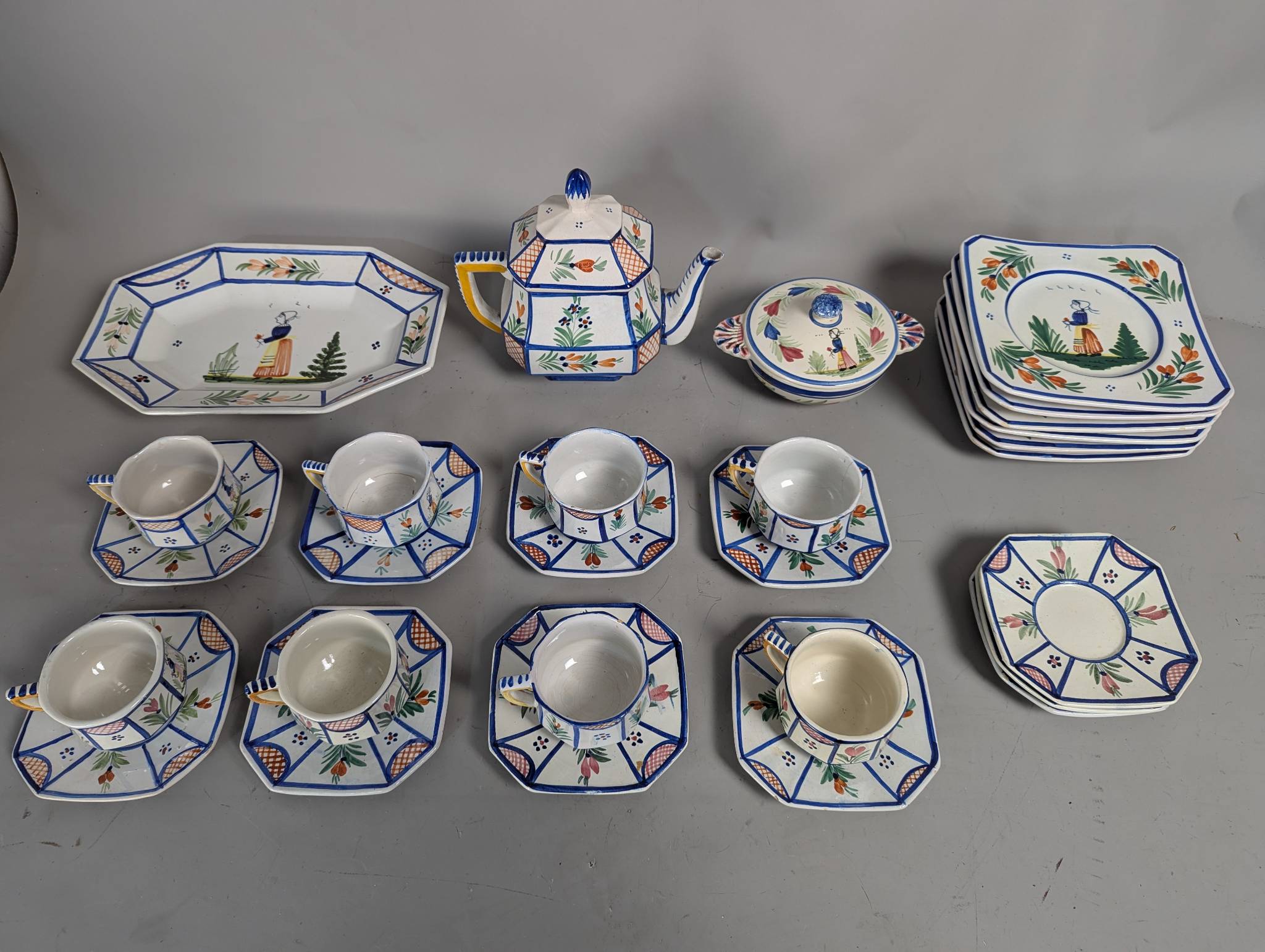 Henriot Quimper Breton Peasant Hand-Painted Faience Tea and Biscuit Service