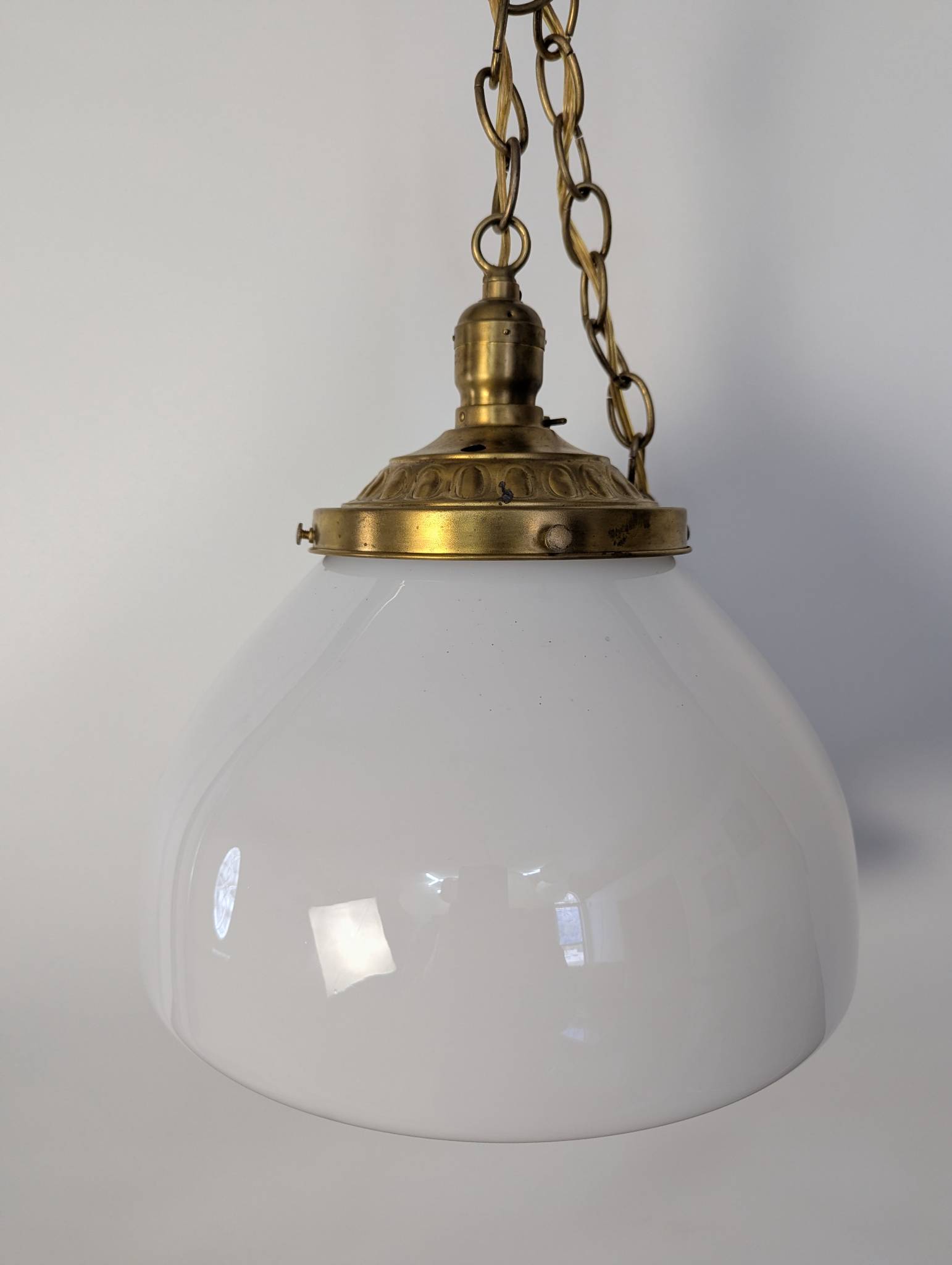 Opaline Glass Pendant Light with Brass Fitter and Chain in Vintage Style Art Deco