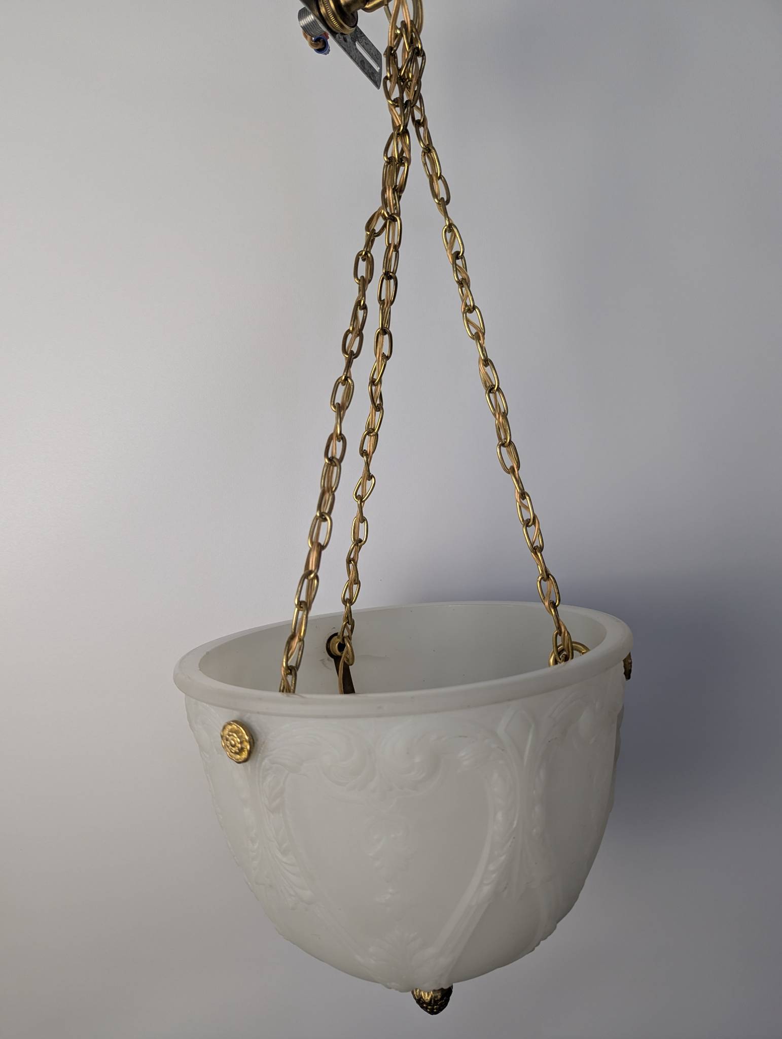 Vintage White Milk Glass Pendant Light with Brass Chain Suspension
