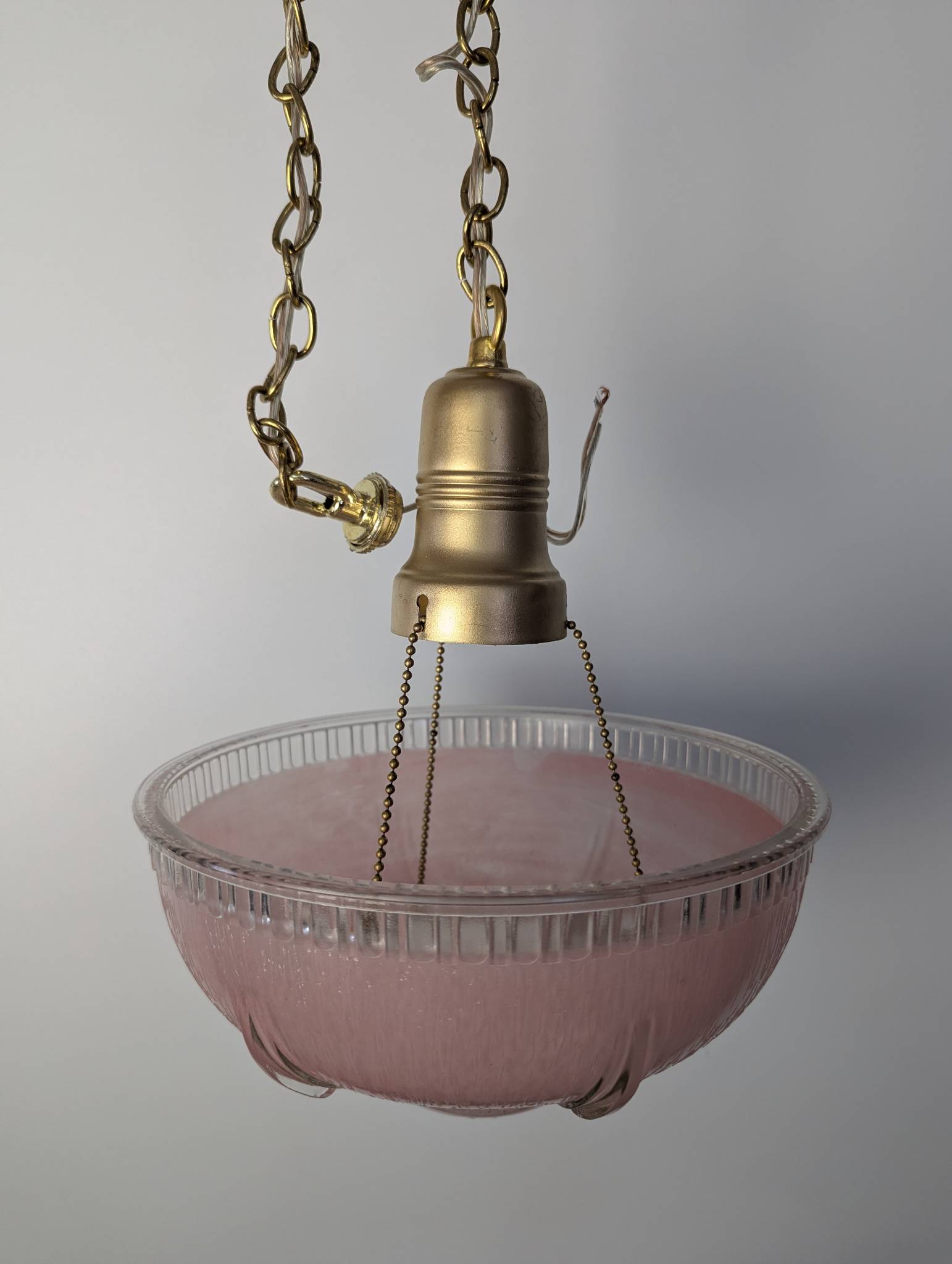 Vintage Art Deco Style Brass and Pink Glass Bowl Pendant Light Fixture