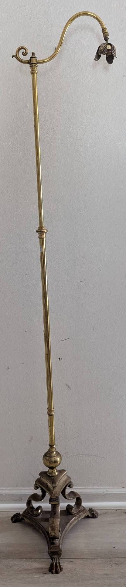 Brass Bridge Floor Lamp with Gooseneck Arm and Ornate Base